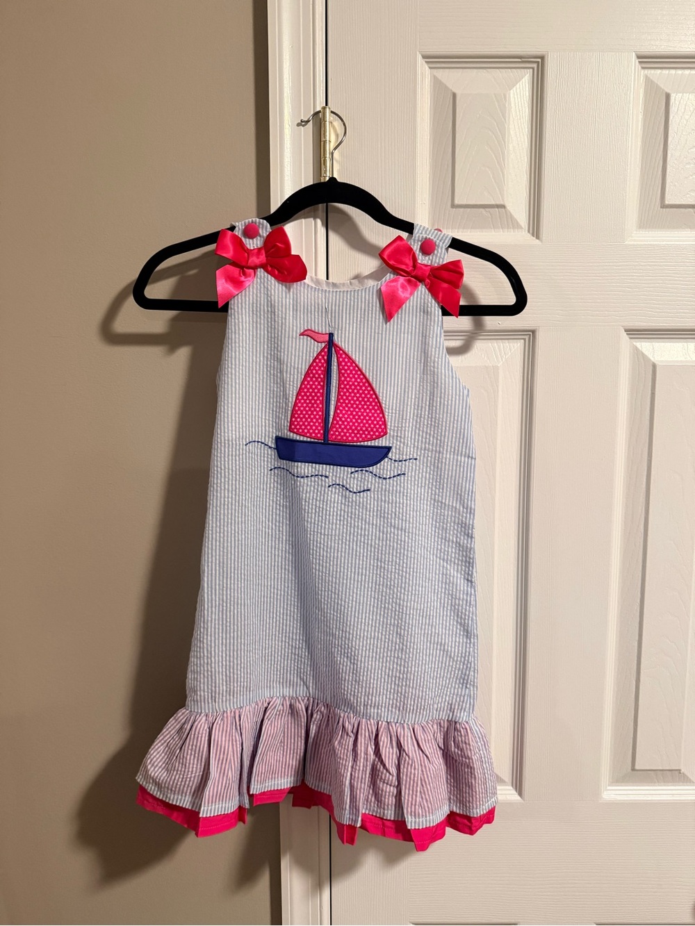Lil Cactus Pink Sailboat Seersucker Ruffle Kids Dress - 6Y